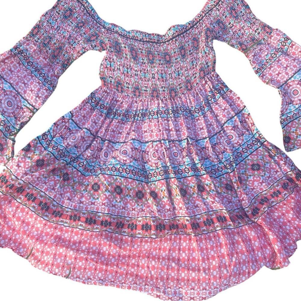 Torrid Off Shoulder Boho Floral Peasant Dress Pink Bell Sleeve Size 0 Large - Picture 2 of 5